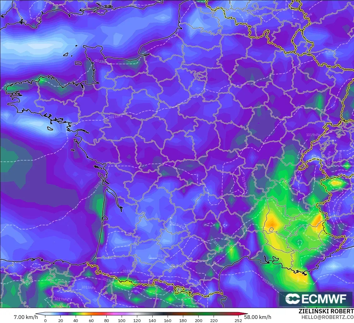 ECMWF IFS 0.25° modelo - Francia, Ráfagas de viento