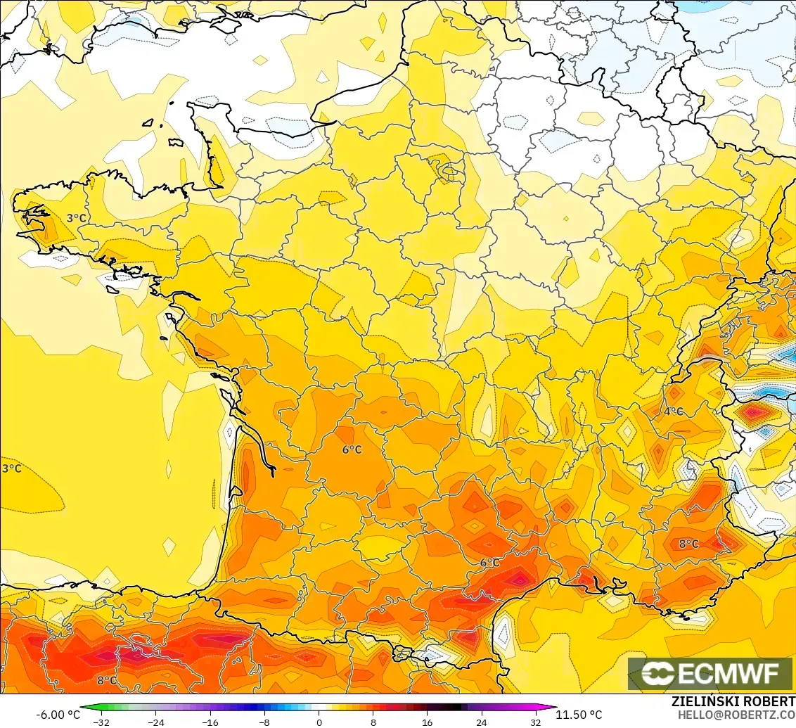ECMWF IFS 0.25° modelo - Francia, Anomalía de temperatura a 2 m