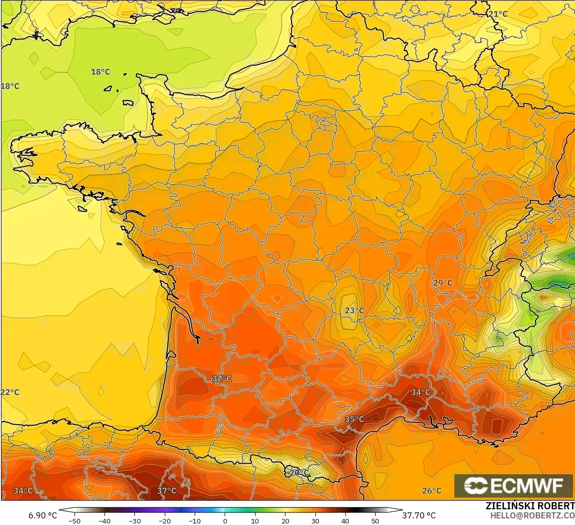 ECMWF IFS 0.25° modelo - Francia, Temperatura a 2 m