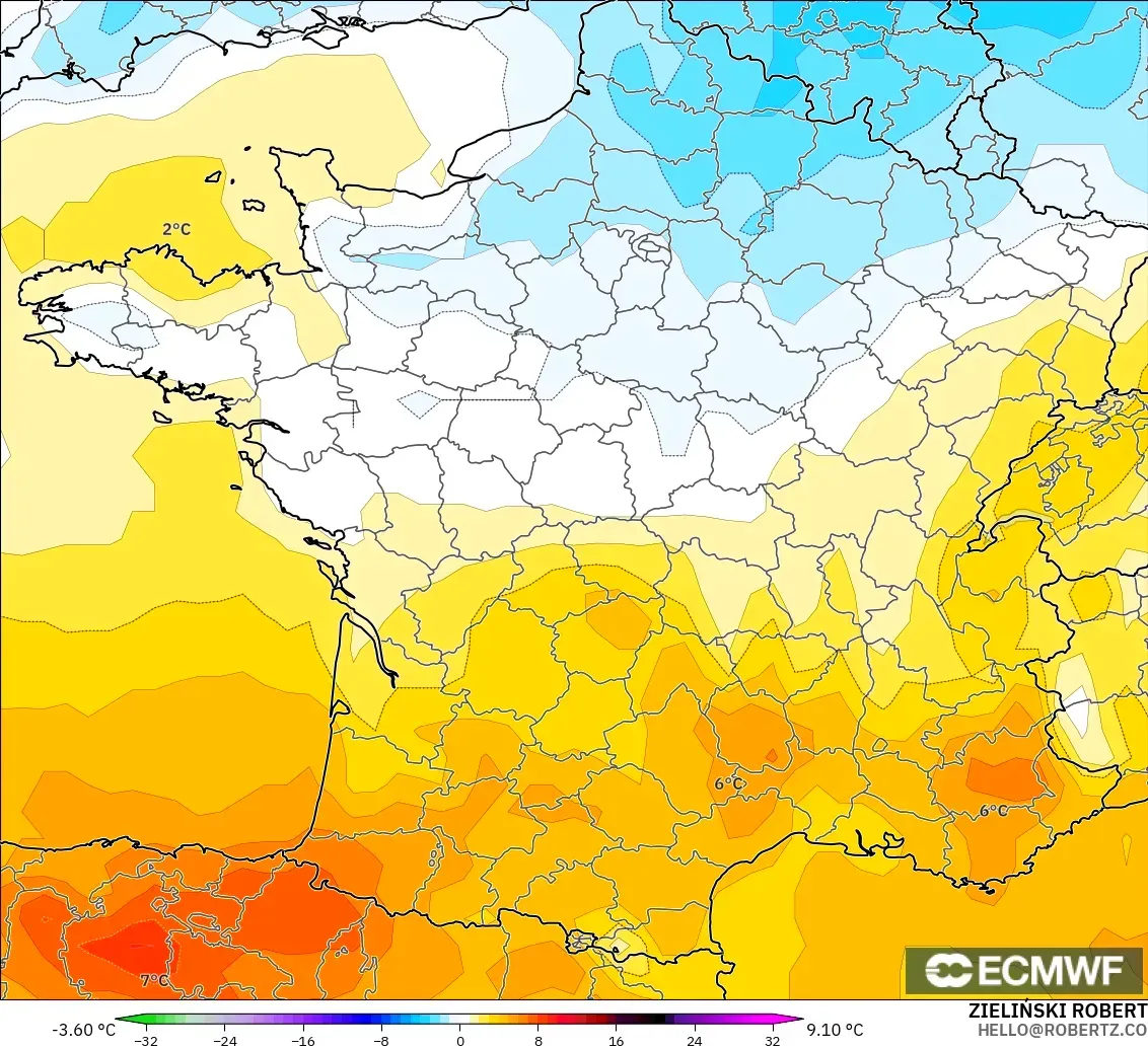 ECMWF IFS 0.25° modelo - Francia, Anomalía de temperatura a 850 hPa