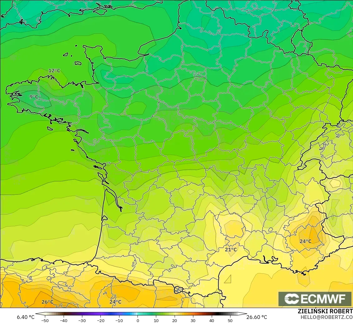 ECMWF IFS 0.25° modelo - Francia, Temperatura a 850 hPa