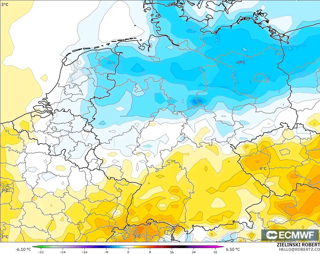 ECMWF IFS 0.25° modelo - Alemania, Anomalía de temperatura a 2 m