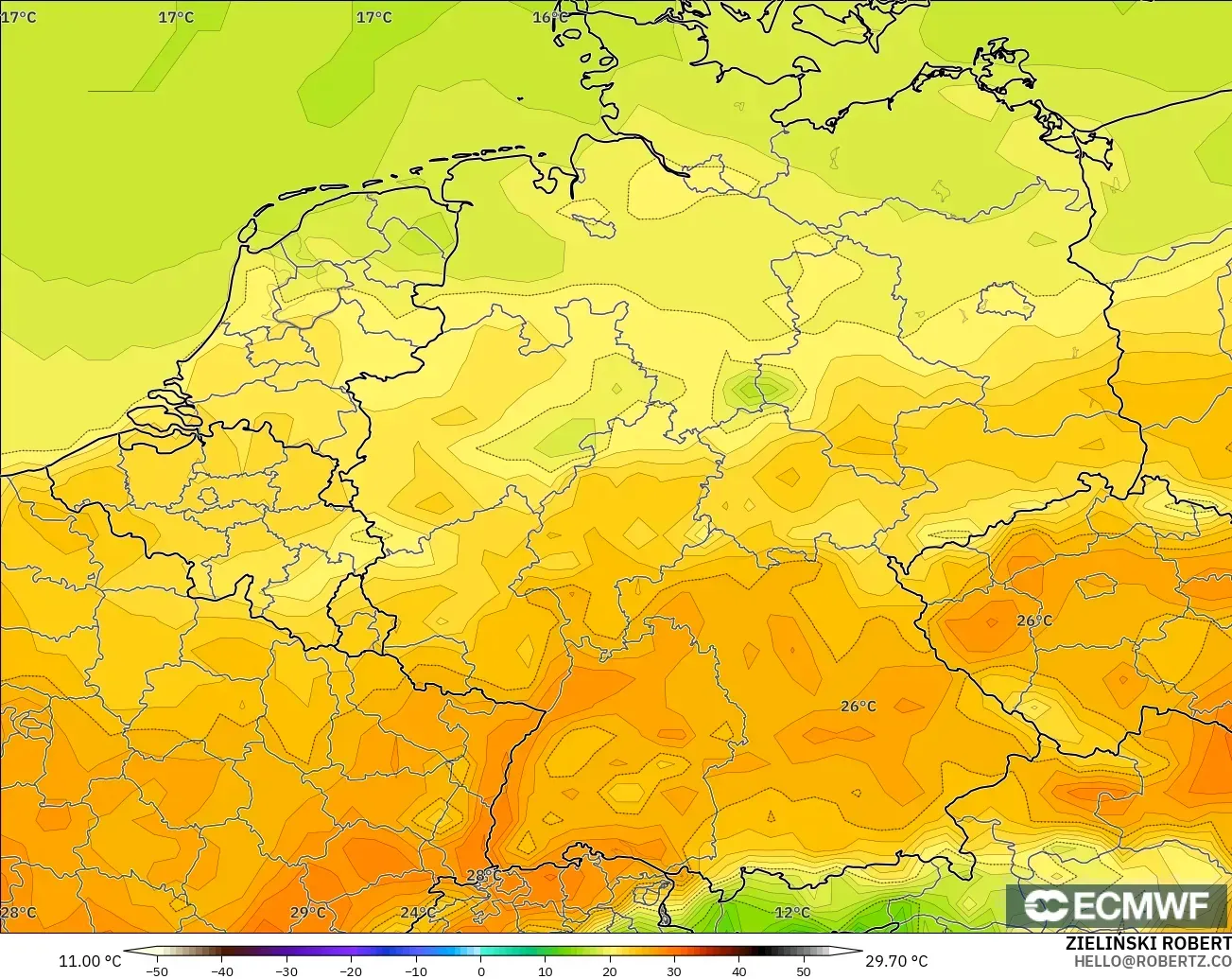 ECMWF IFS 0.25° modelo - Alemania, Temperatura a 2 m