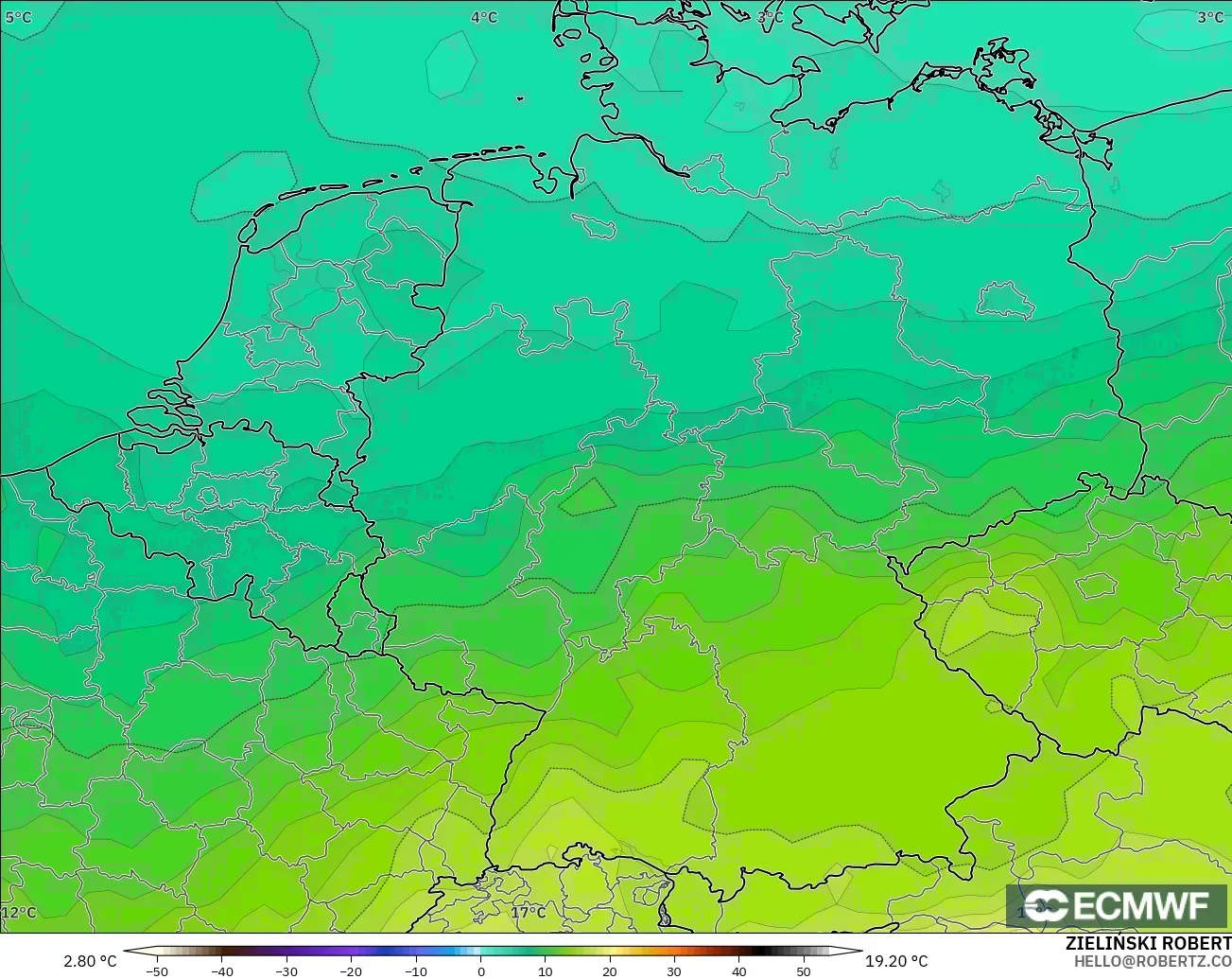 ECMWF IFS 0.25° modelo - Alemania, Temperatura a 850 hPa