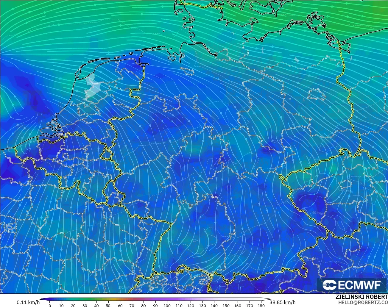 ECMWF IFS 0.25° modelo - Alemania, Viento a 10 m