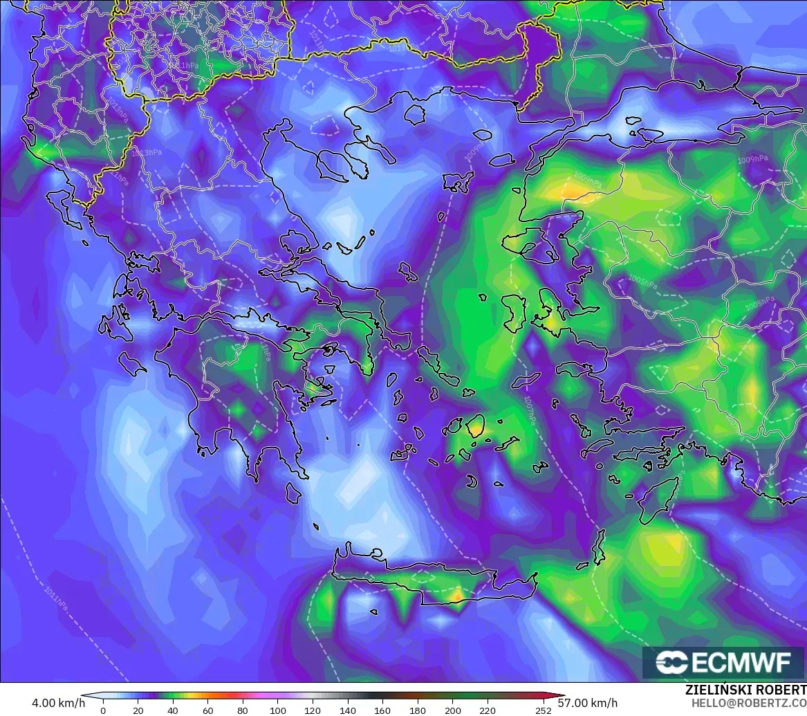 ECMWF IFS 0.25° modelo - Grecia, Ráfagas de Viento Máximas
