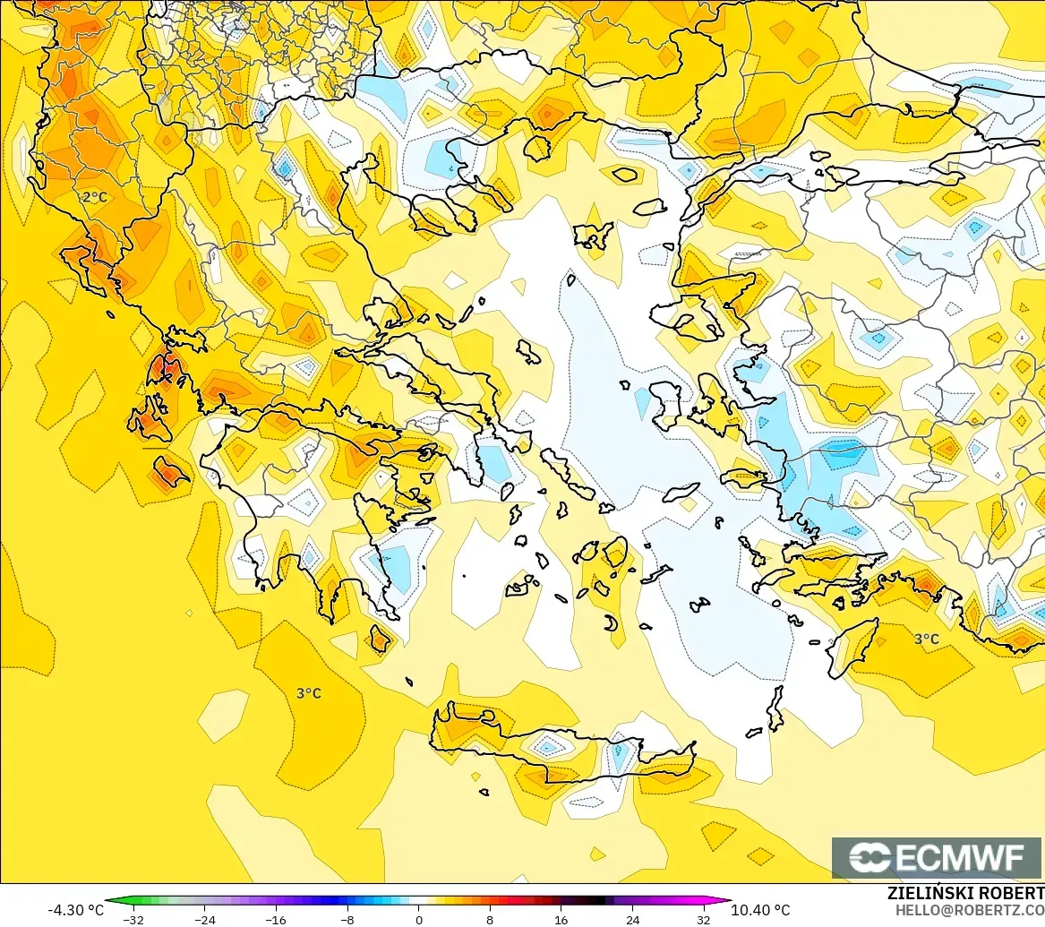 ECMWF IFS 0.25° modelo - Grecia, Anomalía de temperatura a 2 m