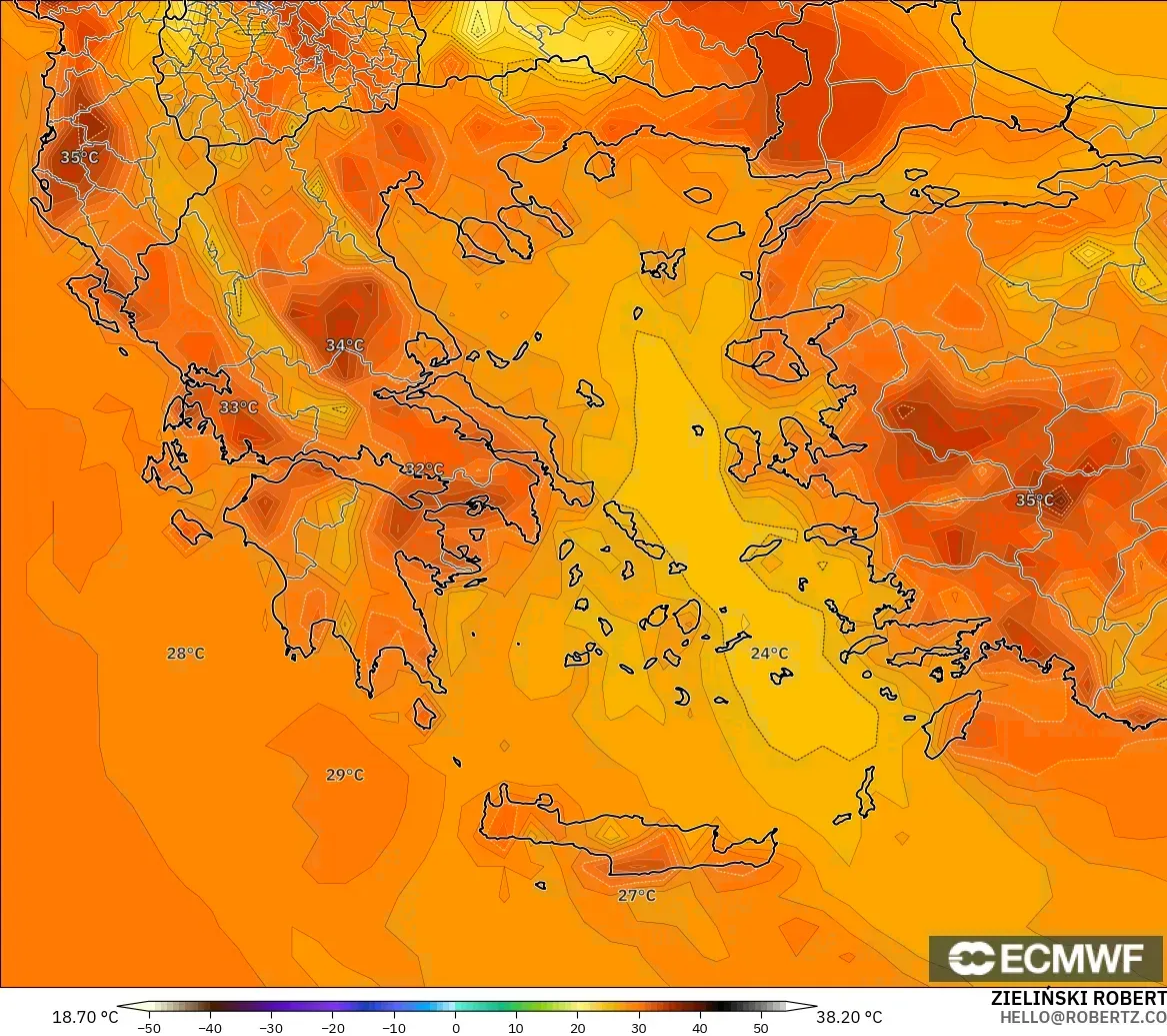 ECMWF IFS 0.25° modelo - Grecia, Temperatura a 2 m