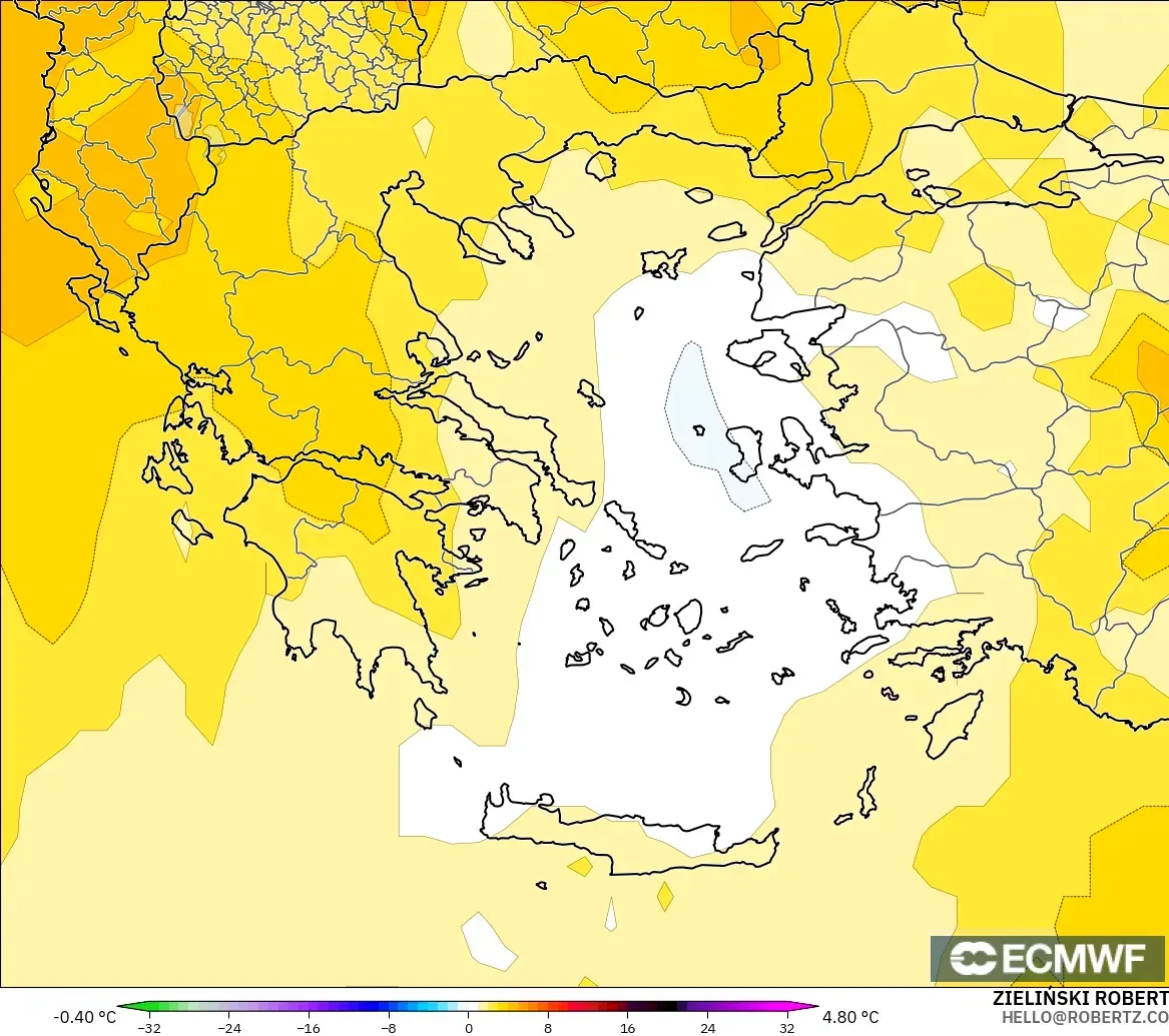 ECMWF IFS 0.25° modelo - Grecia, Anomalía de temperatura a 850 hPa