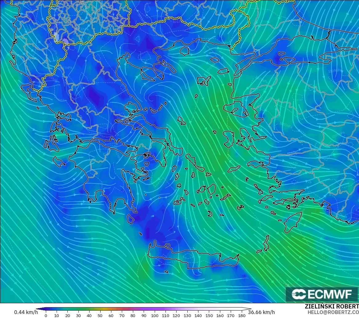 ECMWF IFS 0.25° modelo - Grecia, Viento a 10 m