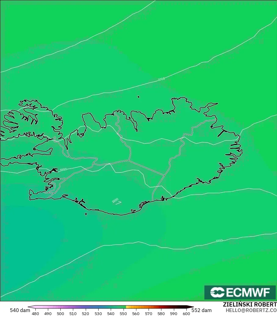 ECMWF IFS 0.25° modelo - Islandia, Altura geopotencial a 500 hPa