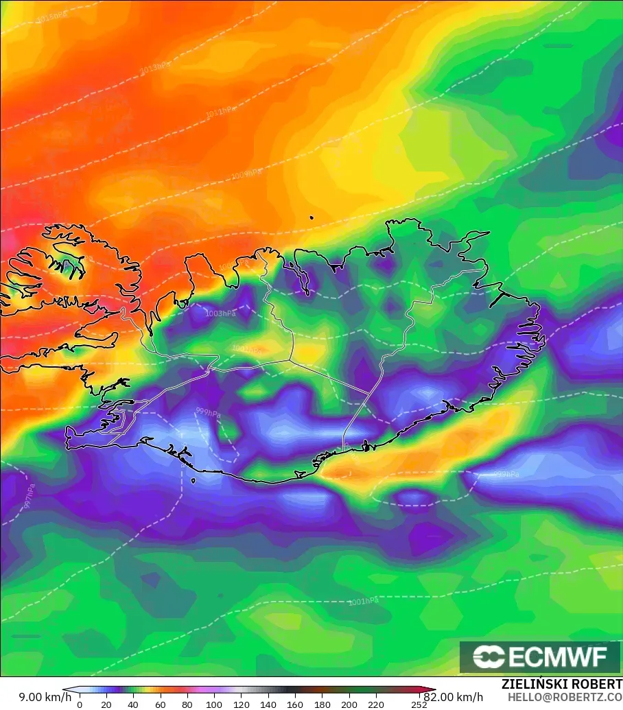 ECMWF IFS 0.25° modelo - Islandia, Ráfagas de viento