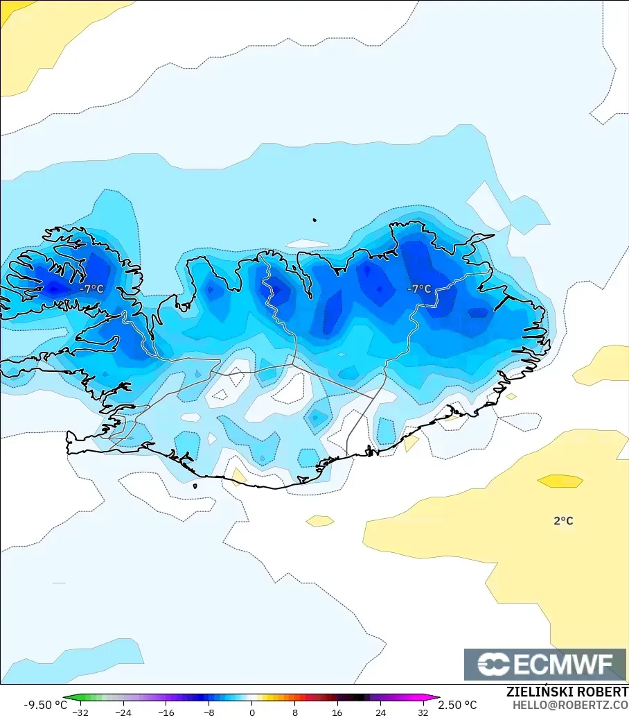 ECMWF IFS 0.25° modelo - Islandia, Anomalía de temperatura a 2 m