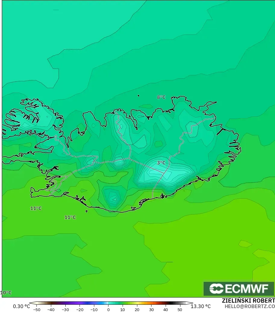 ECMWF IFS 0.25° modelo - Islandia, Temperatura a 2 m