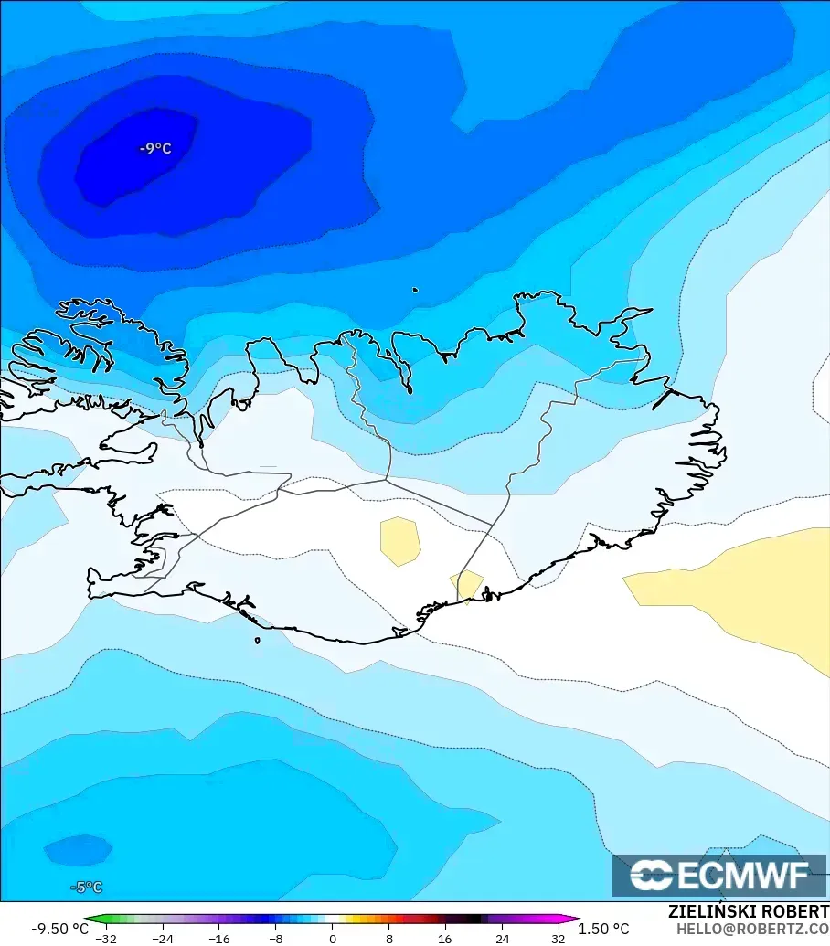 ECMWF IFS 0.25° modelo - Islandia, Anomalía de temperatura a 850 hPa