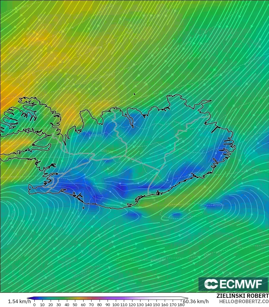 ECMWF IFS 0.25° modelo - Islandia, Viento a 10 m