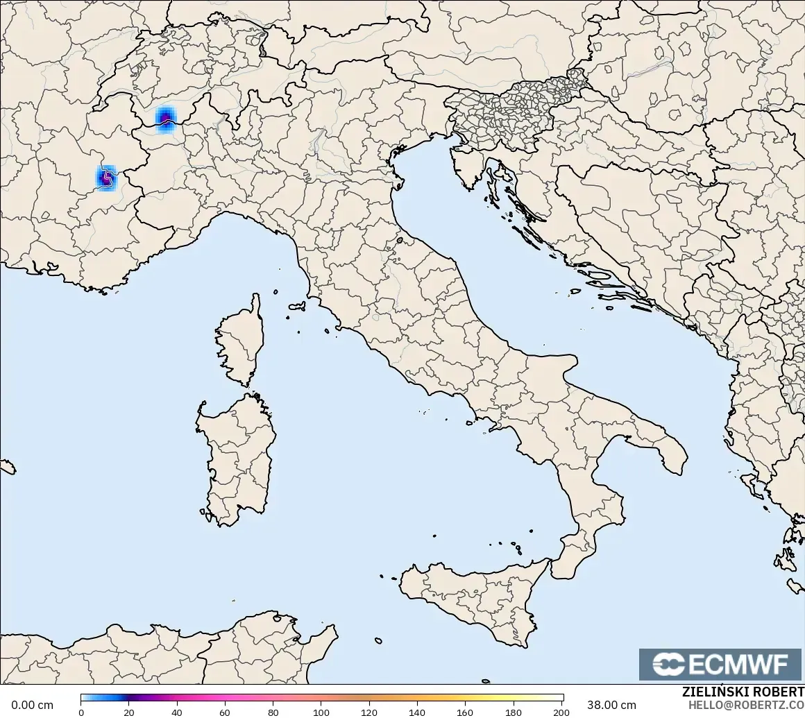 ECMWF IFS 0.25° modelo - Italia, Profundidad de nieve