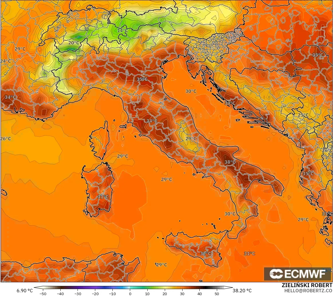 ECMWF IFS 0.25° modelo - Italia, Temperatura a 2 m