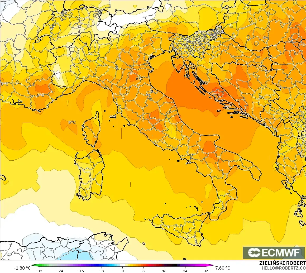 ECMWF IFS 0.25° modelo - Italia, Anomalía de temperatura a 850 hPa
