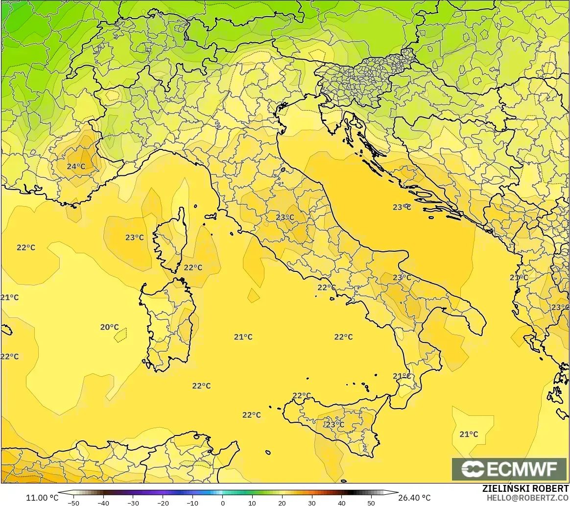 ECMWF IFS 0.25° modelo - Italia, Temperatura a 850 hPa