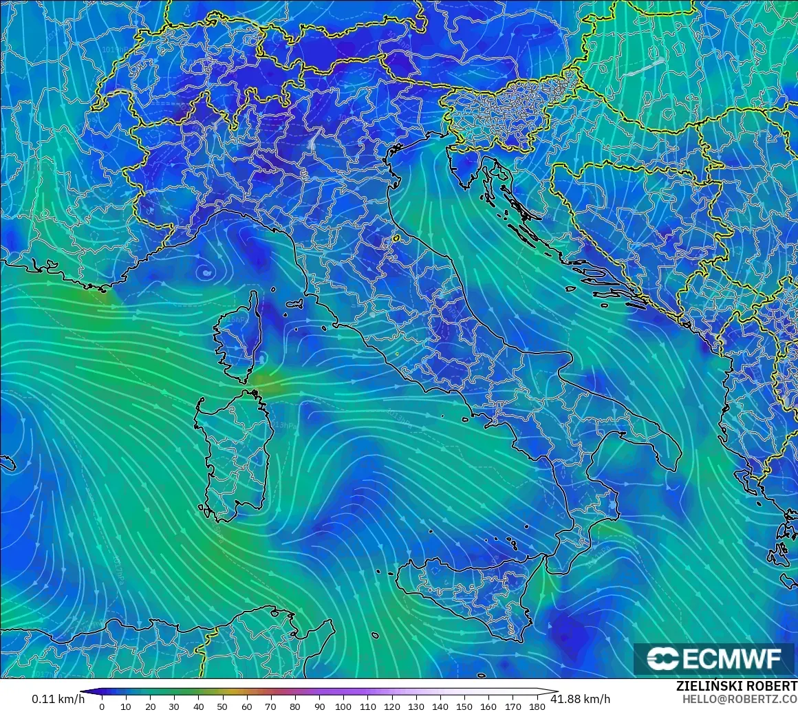 ECMWF IFS 0.25° modelo - Italia, Viento a 10 m