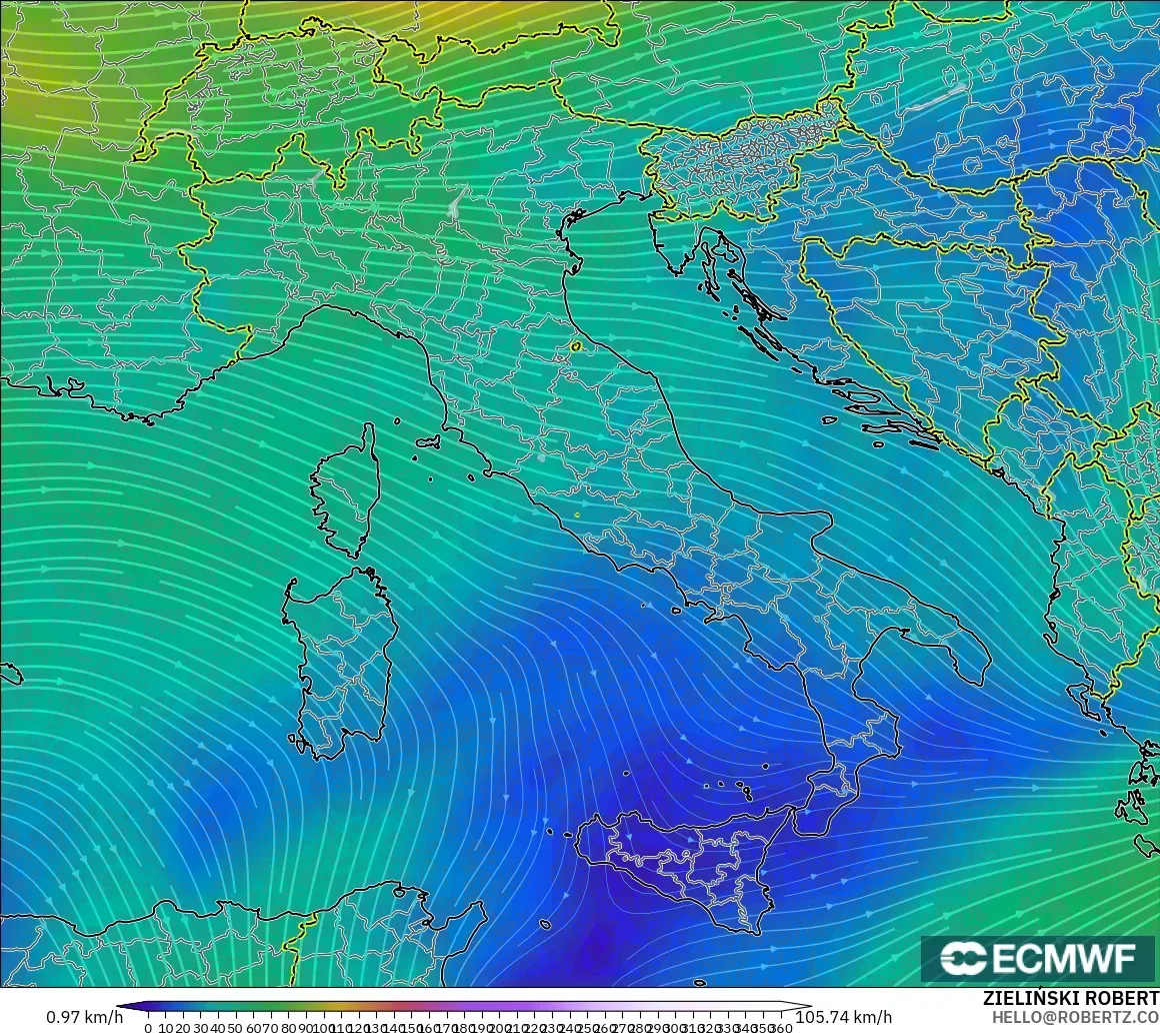 ECMWF IFS 0.25° modelo - Italia, Viento a 300 hPa (corriente en chorro)