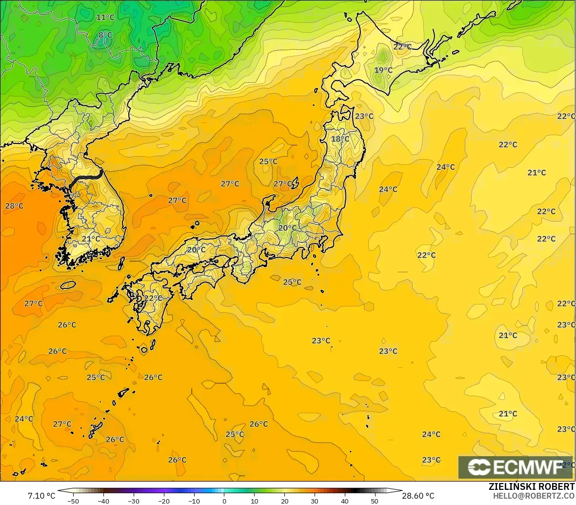 ECMWF IFS 0.25° modelo - Japón, Punto de rocío a 2 m