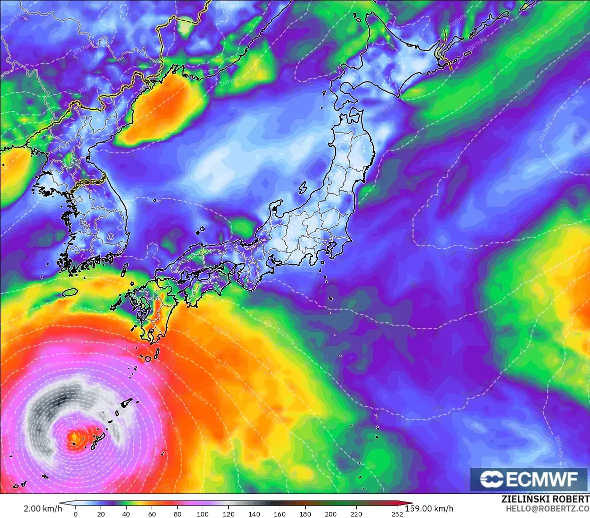 ECMWF IFS 0.25° modelo - Japón, Ráfagas de Viento Máximas