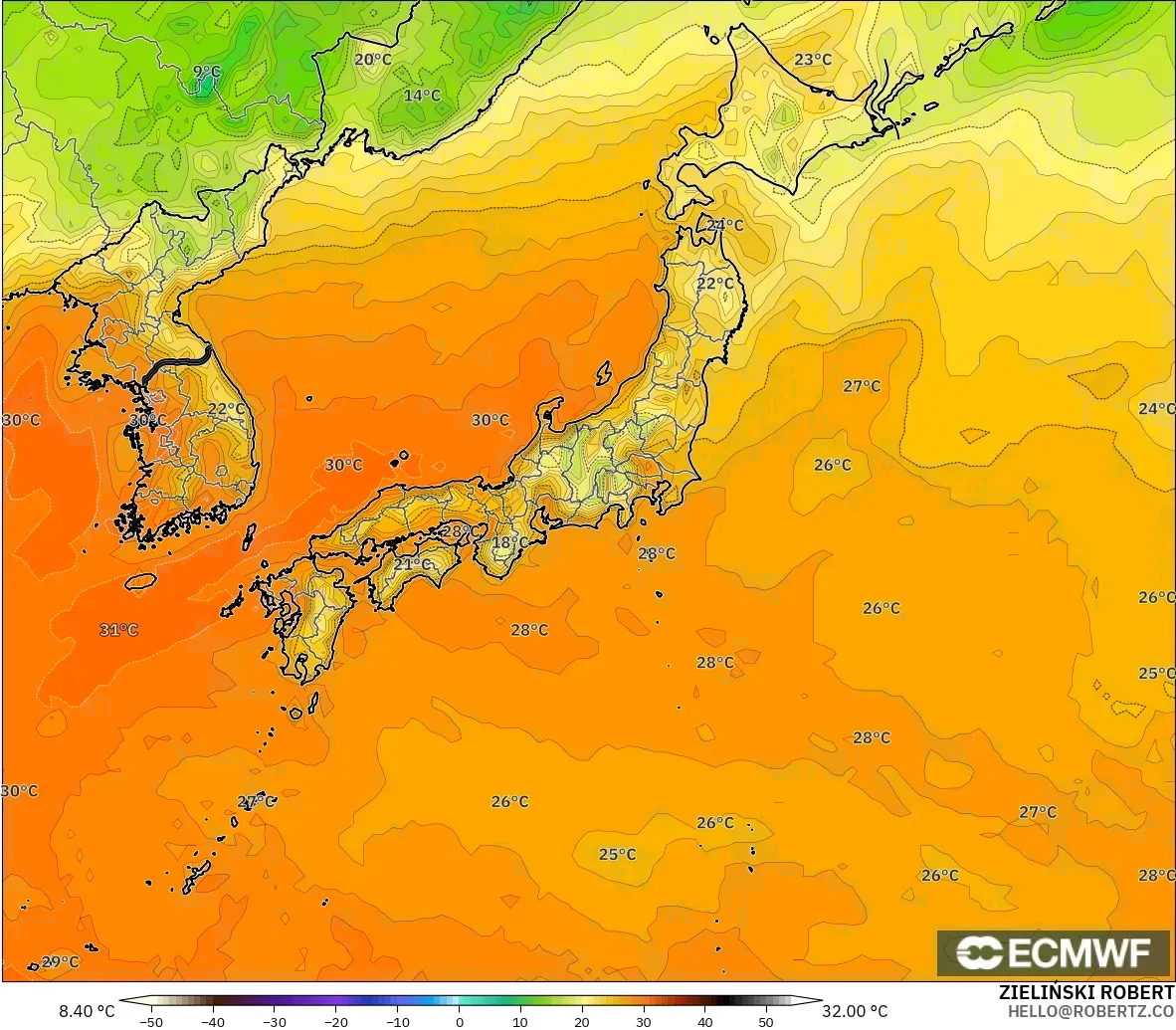 ECMWF IFS 0.25° modelo - Japón, Temperatura a 2 m