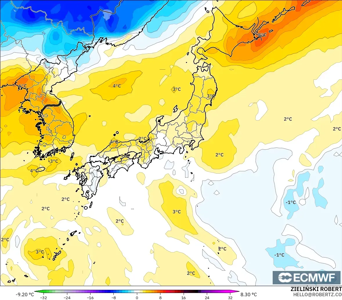 ECMWF IFS 0.25° modelo - Japón, Anomalía de temperatura a 850 hPa