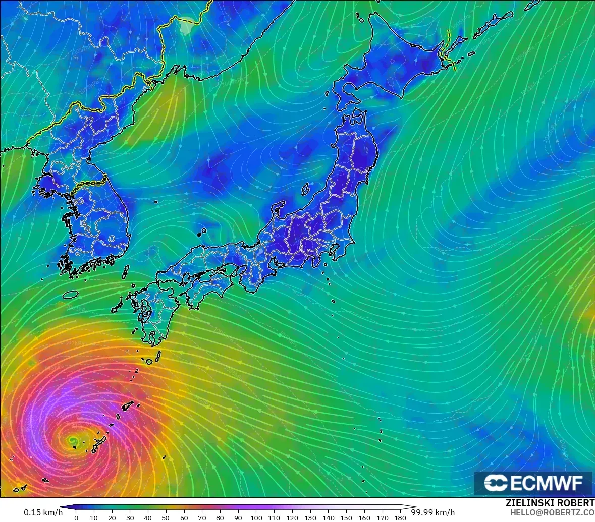 ECMWF IFS 0.25° modelo - Japón, Viento a 10 m