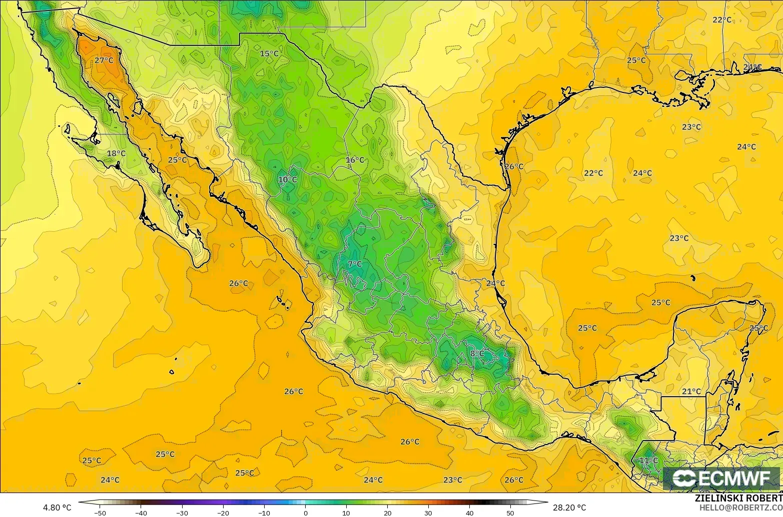 ECMWF IFS 0.25° modelo - México, Punto de rocío a 2 m