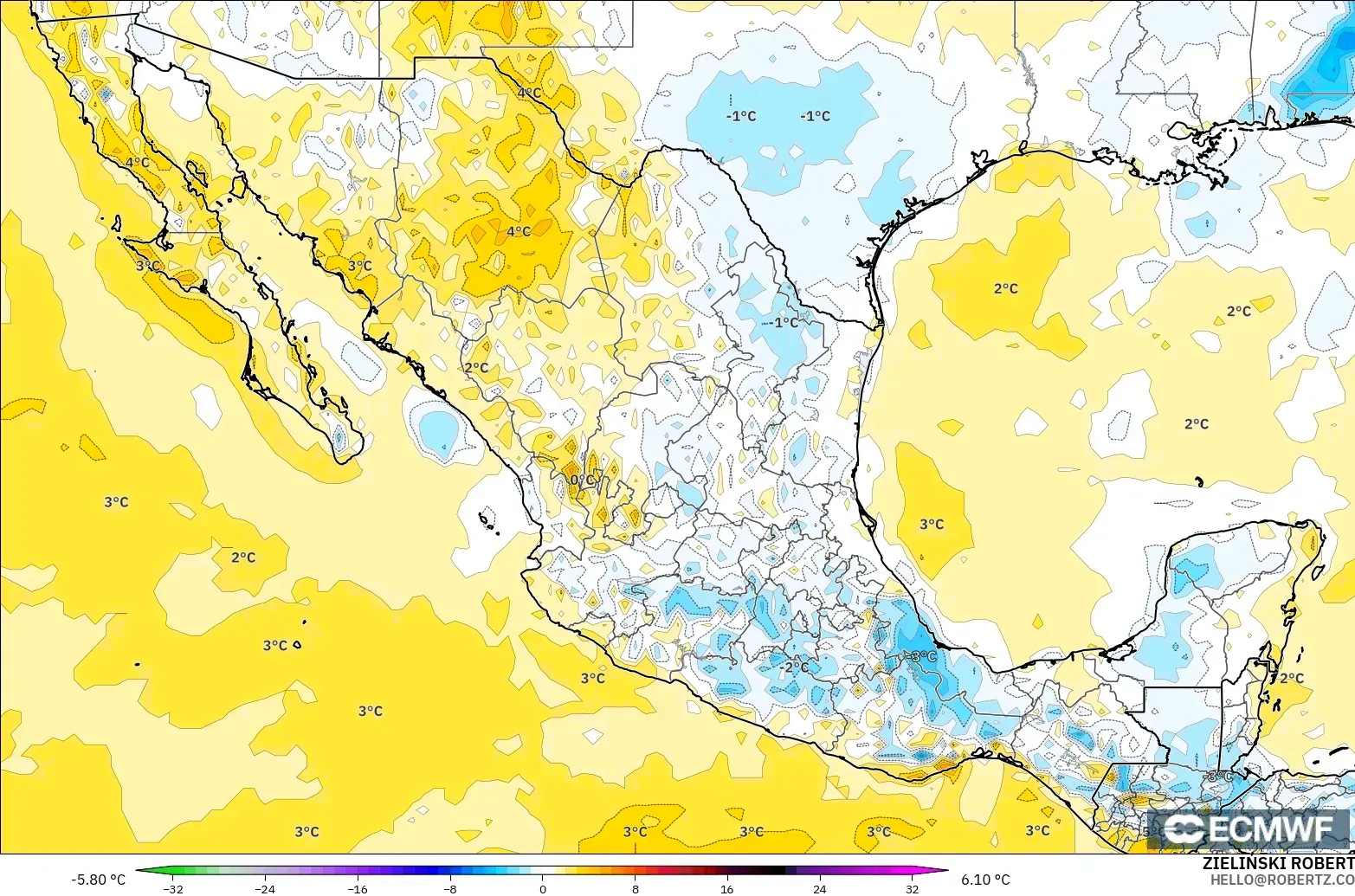 ECMWF IFS 0.25° modelo - México, Anomalía de temperatura a 2 m