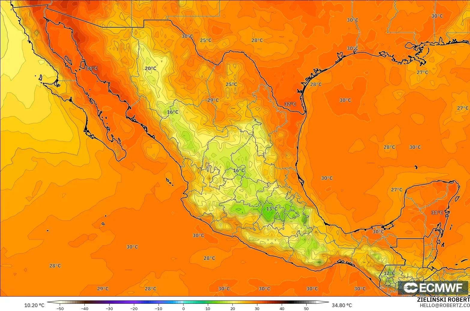ECMWF IFS 0.25° modelo - México, Temperatura a 2 m