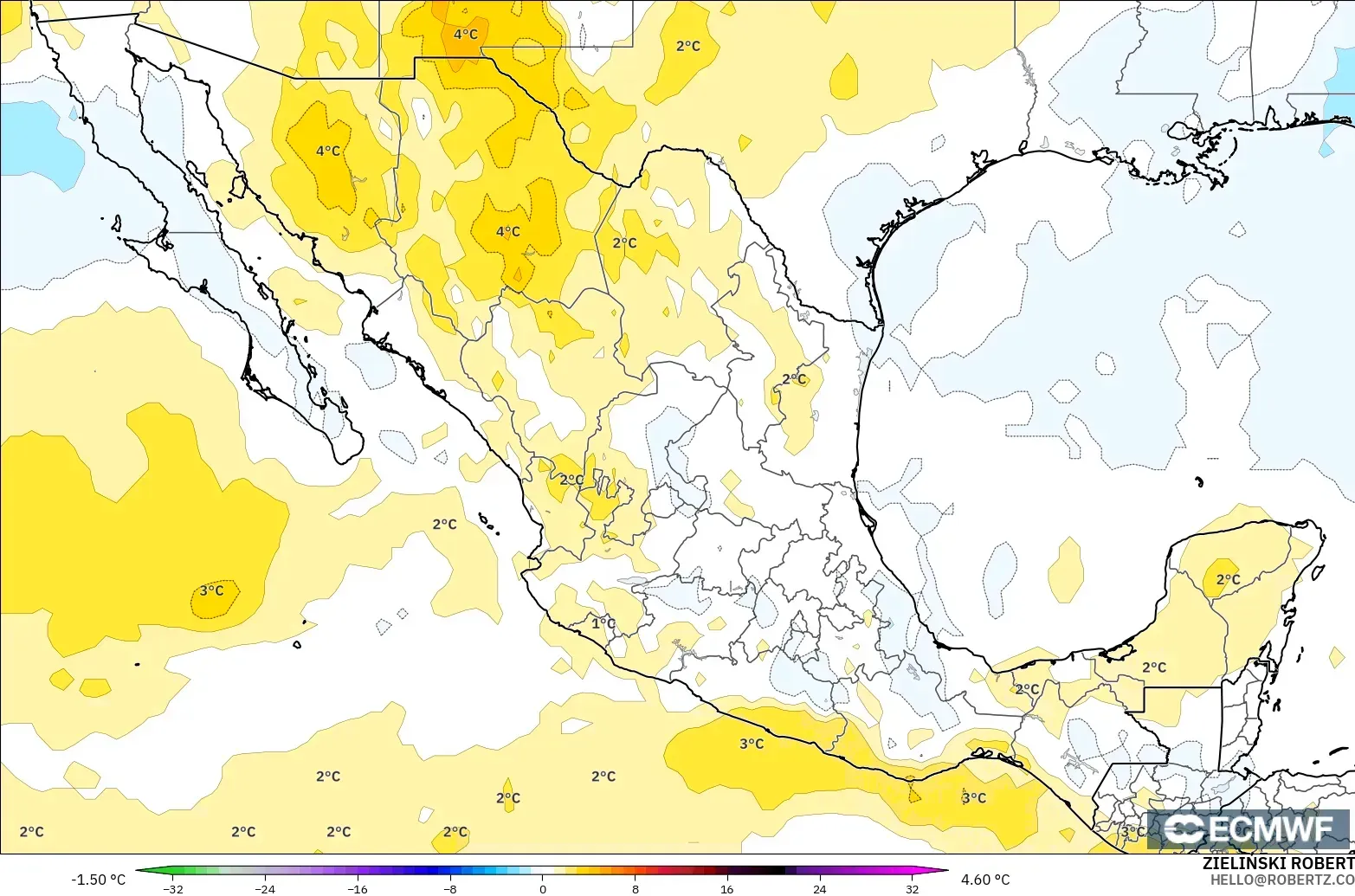 ECMWF IFS 0.25° modelo - México, Anomalía de temperatura a 850 hPa