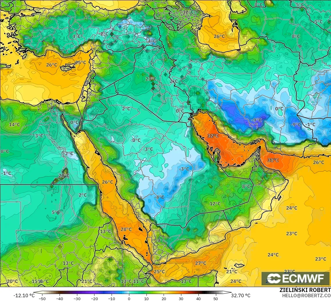 ECMWF IFS 0.25° modelo - Oriente Medio, Punto de rocío a 2 m