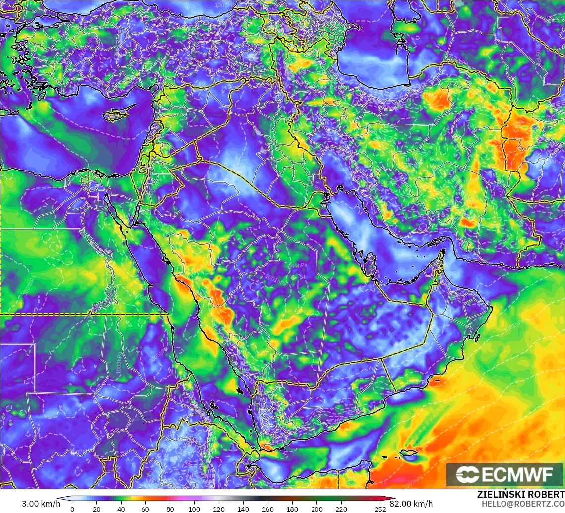 ECMWF IFS 0.25° modelo - Oriente Medio, Ráfagas de Viento Máximas