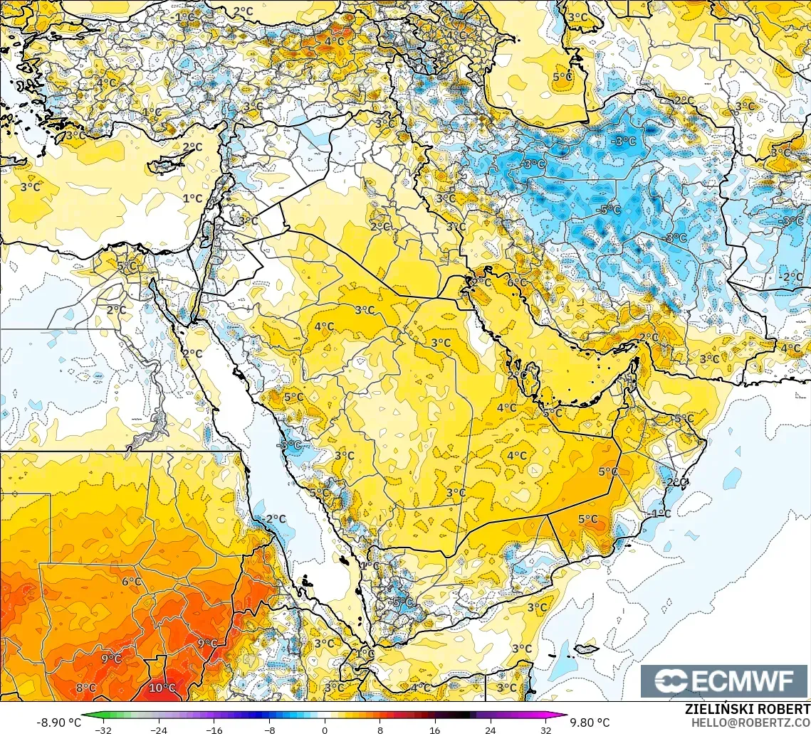 ECMWF IFS 0.25° modelo - Oriente Medio, Anomalía de temperatura a 2 m