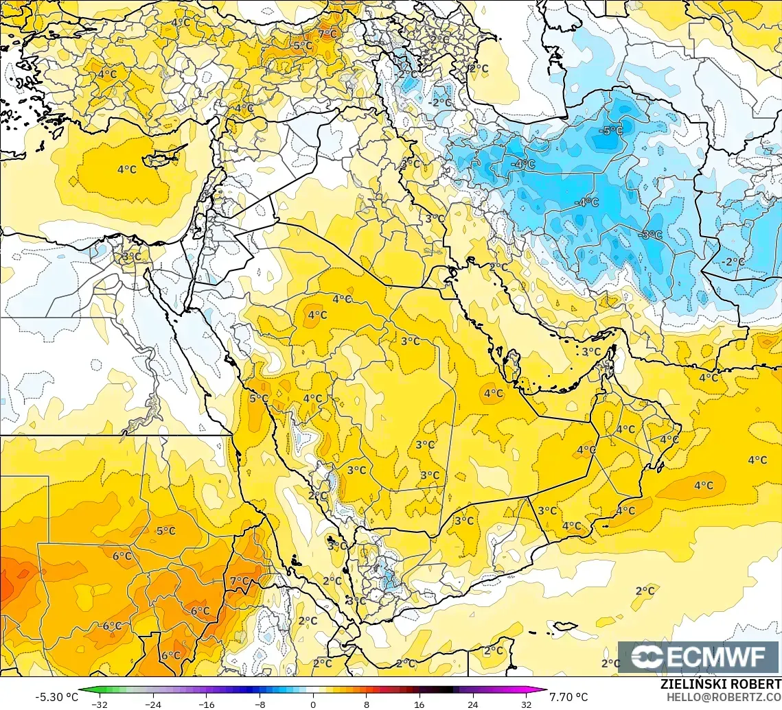 ECMWF IFS 0.25° modelo - Oriente Medio, Anomalía de temperatura a 850 hPa