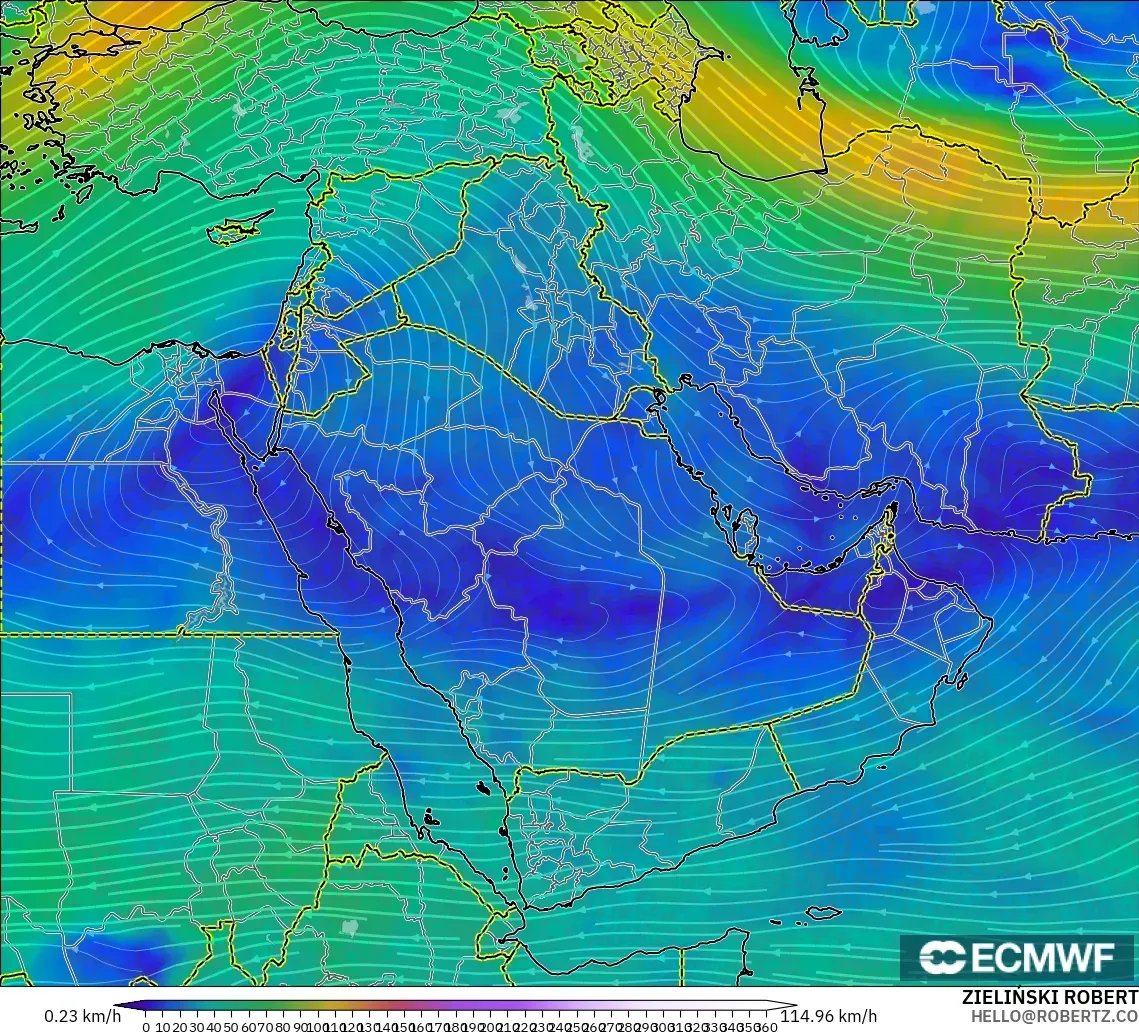 ECMWF IFS 0.25° modelo - Oriente Medio, Viento a 300 hPa (corriente en chorro)