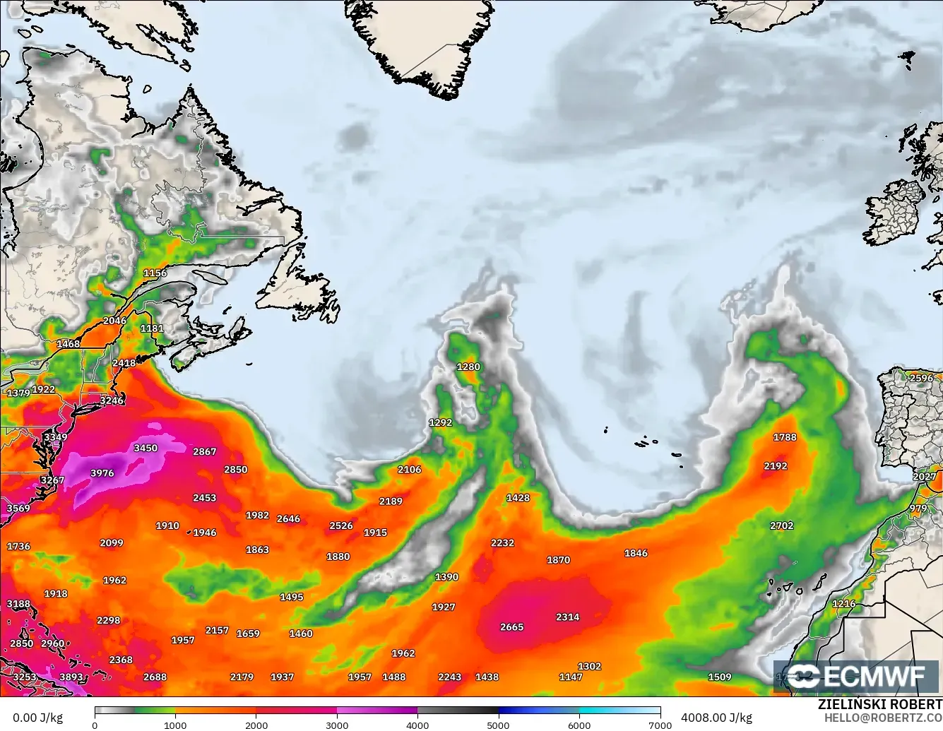 ECMWF IFS 0.25° modelo - Norte Atlántico, CAPE