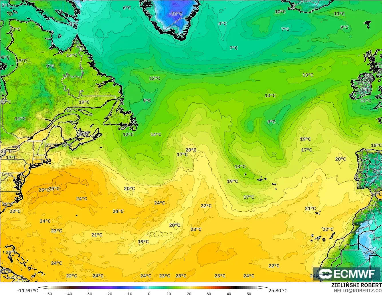 ECMWF IFS 0.25° modelo - Norte Atlántico, Punto de rocío a 2 m