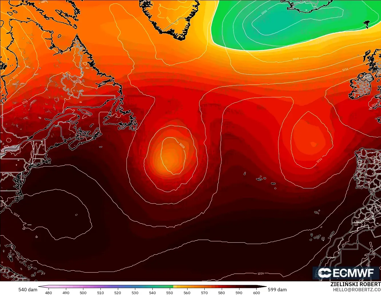 ECMWF IFS 0.25° modelo - Norte Atlántico, Altura geopotencial a 500 hPa