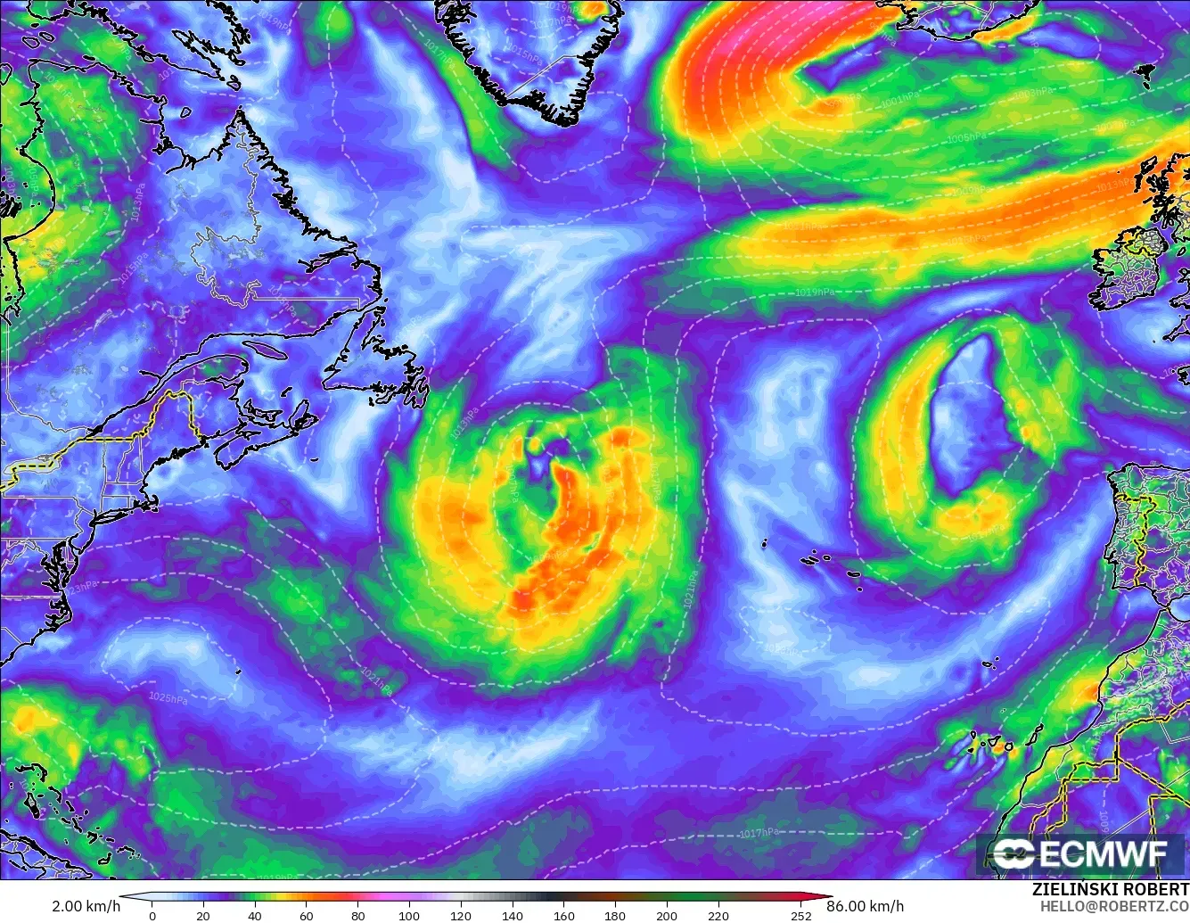 ECMWF IFS 0.25° modelo - Norte Atlántico, Ráfagas de viento