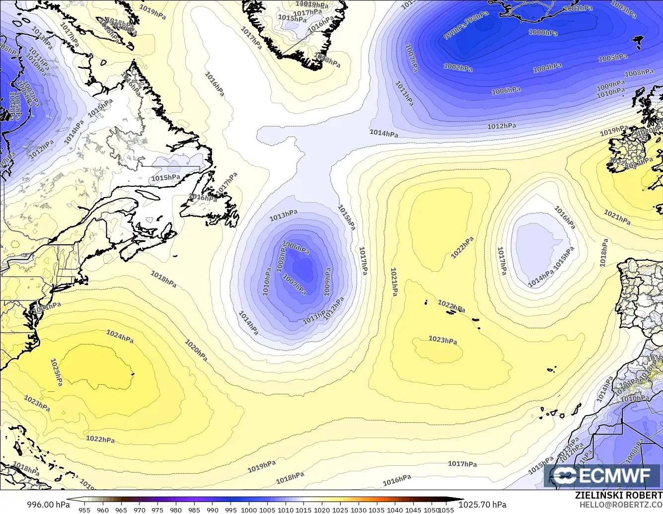 ECMWF IFS 0.25° modelo - Norte Atlántico, Presión