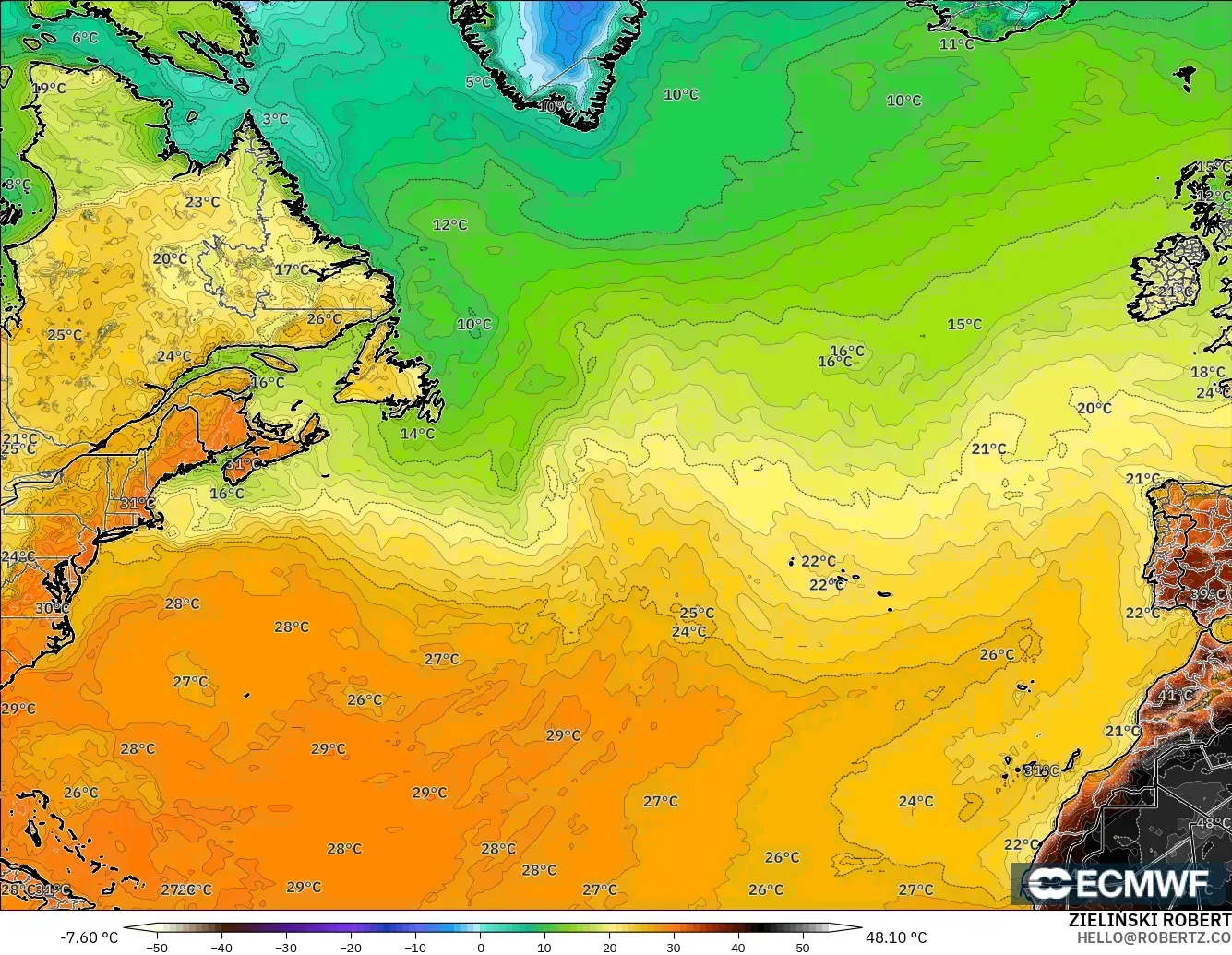 ECMWF IFS 0.25° modelo - Norte Atlántico, Temperatura a 2 m