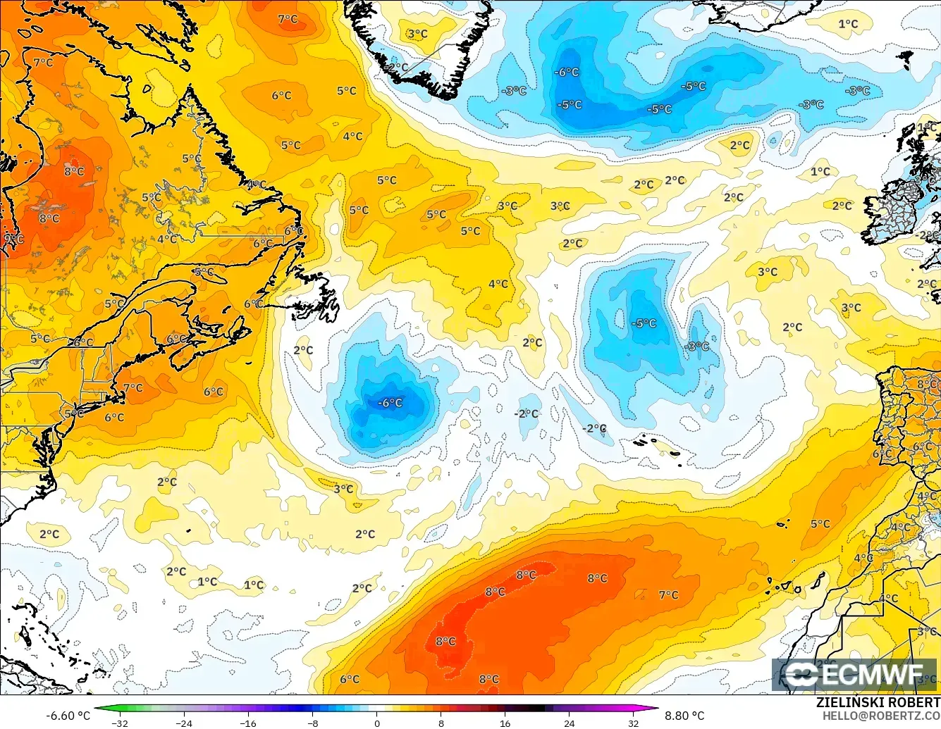 ECMWF IFS 0.25° modelo - Norte Atlántico, Anomalía de temperatura a 850 hPa