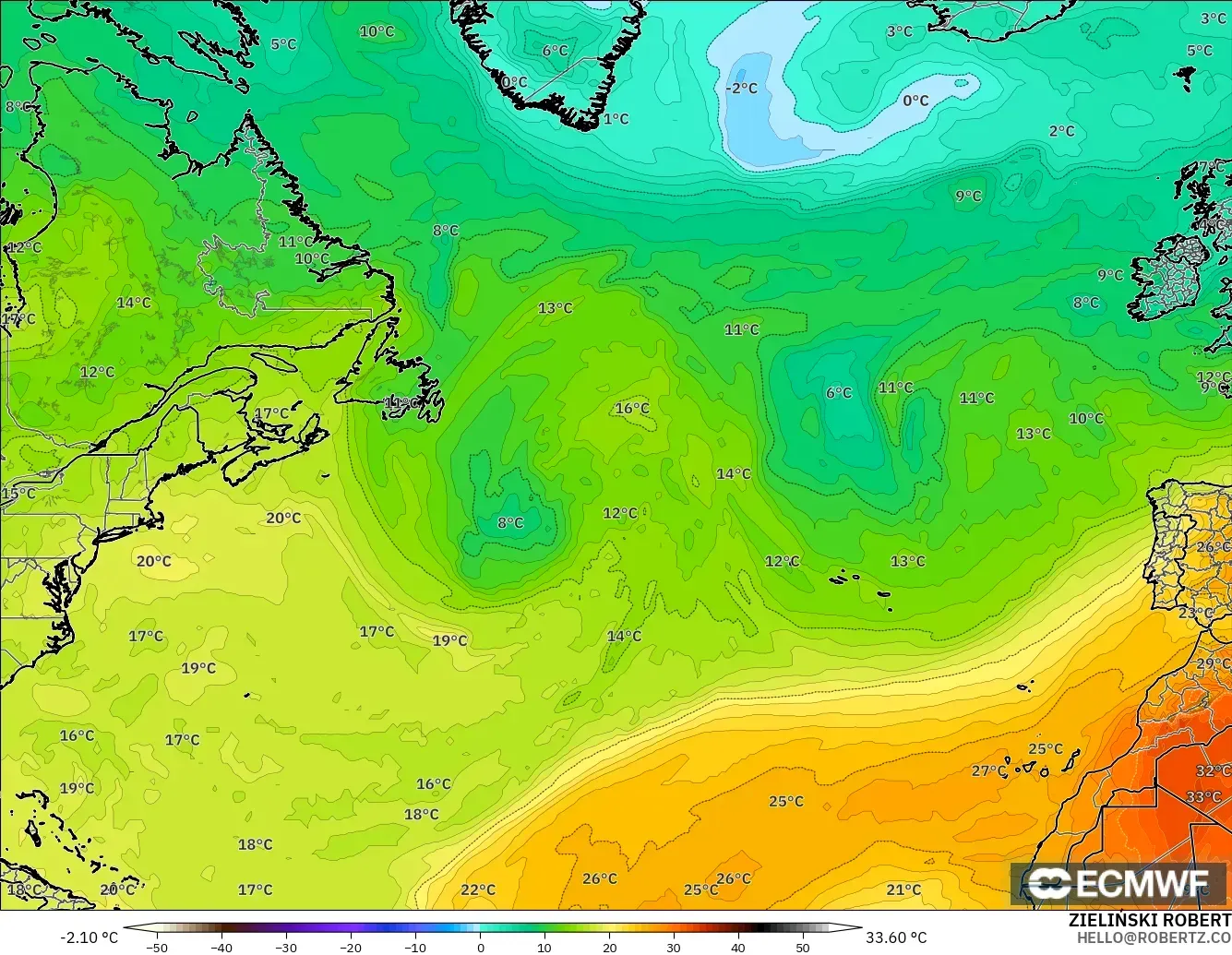 ECMWF IFS 0.25° modelo - Norte Atlántico, Temperatura a 850 hPa