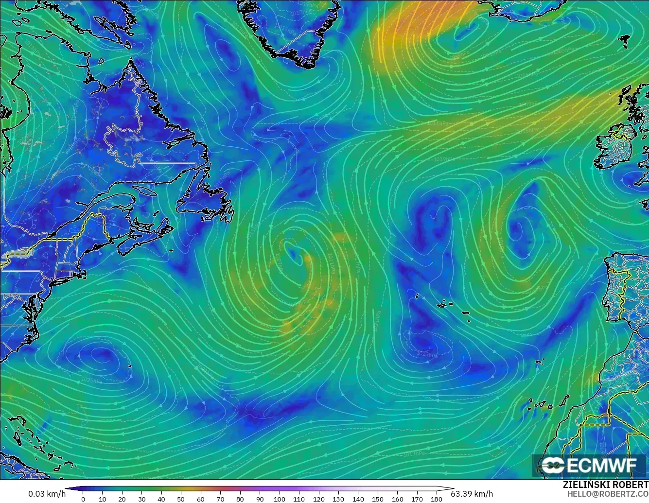 ECMWF IFS 0.25° modelo - Norte Atlántico, Viento a 10 m