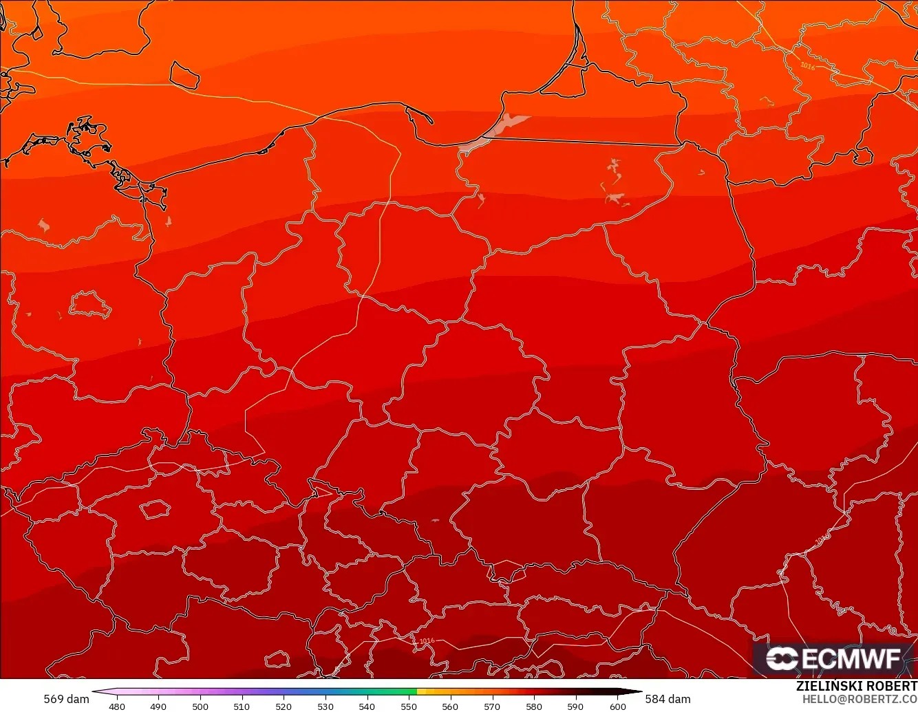 ECMWF IFS 0.25° modelo - Polonia, Altura geopotencial a 500 hPa